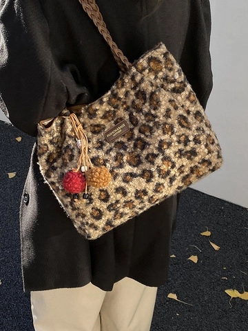 Borsa Tote in Peluche Leopardata da Donna Vintage Grande Capacità Borsa a Tracolla in Pelliccia Sintetica Con Manico Intrecciato