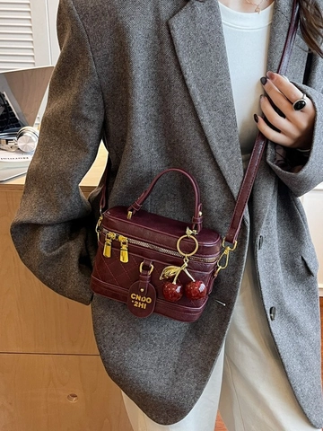 Women Vintage PU Leather Quilted Box Satchel Bag With Cherry Charm Retro Top Handle Crossbody Shoulder Bag For Daily Fashion