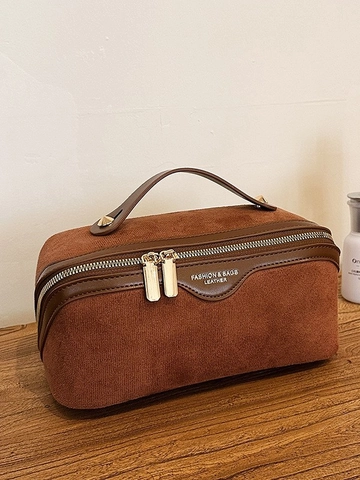 Bolso de Mano de Ante para Mujer Gran Capacidad Bolsa de Maquillaje Vintage Color Sólido Estuche de Viaje Con Cremalleras Dobles y Asa