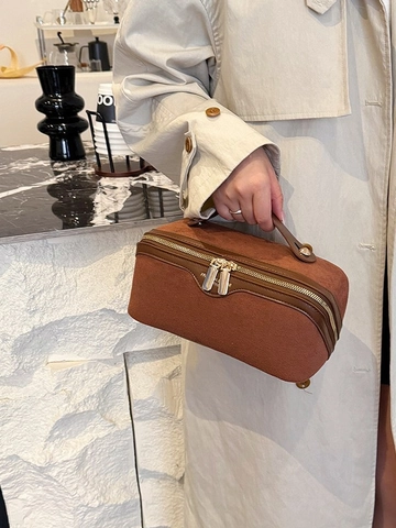 Bolso de Mano de Ante para Mujer Gran Capacidad Bolsa de Maquillaje Vintage Color Sólido Estuche de Viaje Con Cremalleras Dobles y Asa