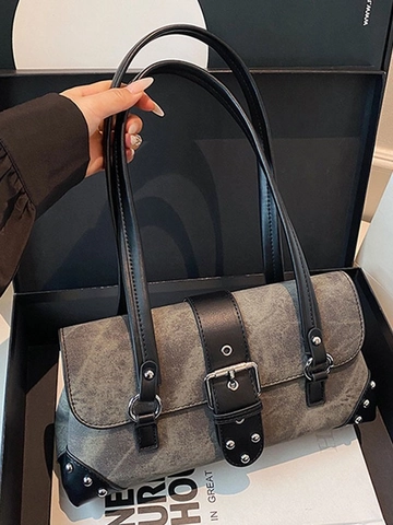 Borsa Sottobraccio Vintage con Rivetti Borsa a Tracolla in Pelle PU Invecchiata Denim Patchwork Grande Fibbia in Metallo Doppie Cinghie Chic Locomotiva Borsa da Donna