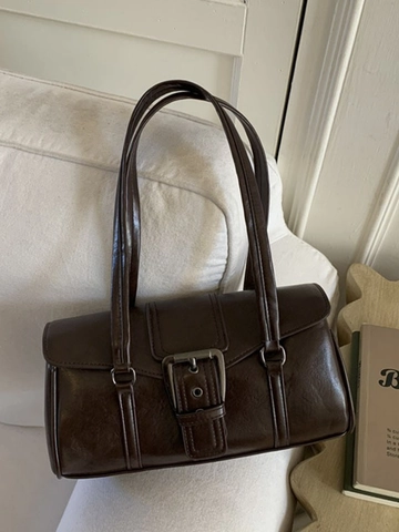 Vintage PU Leder Unterarmtasche Für Damen Retro Metallschnalle Schultertasche Baguette Tasche Horizontale Quadratische Handtasche Kaffee Braun Rot
