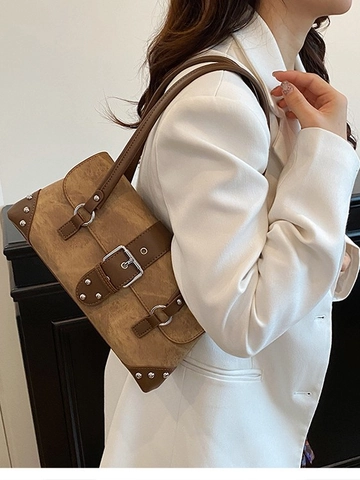 Borsa Sottobraccio Vintage con Rivetti Borsa a Tracolla in Pelle PU Invecchiata Denim Patchwork Grande Fibbia in Metallo Doppie Cinghie Chic Locomotiva Borsa da Donna