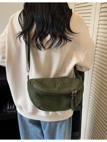 Bolso Bandolera de Pana para Mujer Gran Capacidad Ligero Vintage Media Luna Bolso de Pecho Color Sólido Casual Bolso de Hombro Con Borla Trenzada