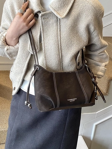 Dames Vintage PU Lederen Dumpling Crossbodytas Contrast Stiksel Trekkoord Schoudertas Mode Woon-werkverkeer Dagelijkse Handtas