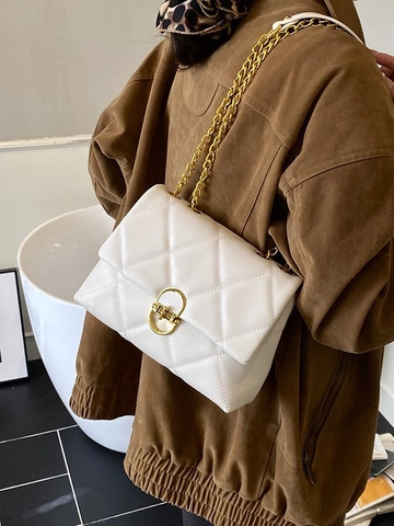 Borsa a Spalla da Donna Trapuntata con Catena Elegante in Pelle PU a Rombi Grande Capacità Borsa a Tracolla Casual Quotidiana