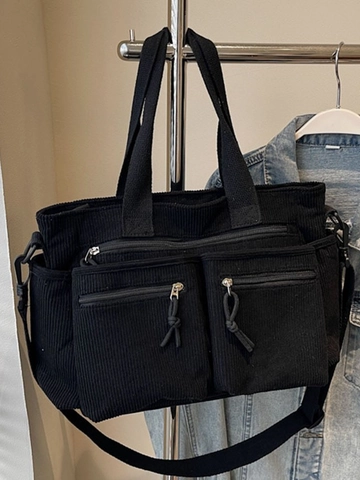 Borsa Tote in Velluto a Coste da Donna Grande Capacità Borsa a Tracolla Casual con Multitasche per Lavoro Scuola Stile Retrò