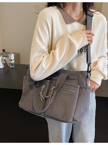 Borsa Tote in Velluto a Coste da Donna Grande Capacità Borsa a Tracolla Casual con Multitasche per Lavoro Scuola Stile Retrò