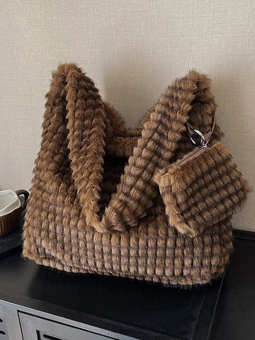 Borsa a Secchiello in Pelliccia Sintetica Donna Set Borsa Tote Grande Capacità Con Mini Portamonete Texture a Scacchiera