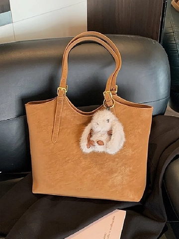 Large Capacity PU Leather Tote Bag For Women Vintage Shoulder Bag With Plush Rabbit Pendant Casual Commute Daily Bag
