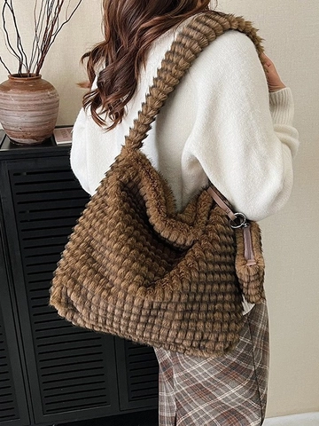 Borsa a Secchiello in Pelliccia Sintetica Donna Set Borsa Tote Grande Capacità Con Mini Portamonete Texture a Scacchiera