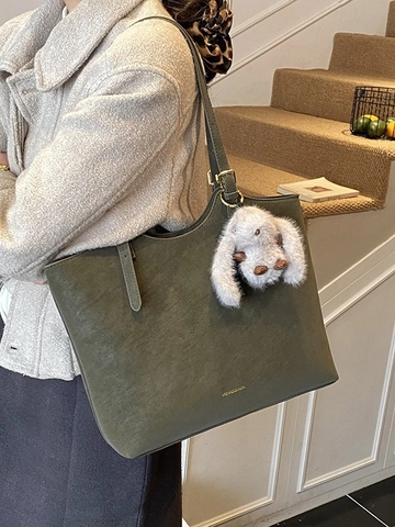Large Capacity PU Leather Tote Bag For Women Vintage Shoulder Bag With Plush Rabbit Pendant Casual Commute Daily Bag