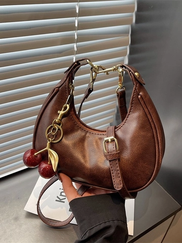 Vintage PU Leather Half-Moon Underarm Bag For Women Fashion Crossbody Shoulder Bag With Cherry Pendant Solid Color Dumpling Bag