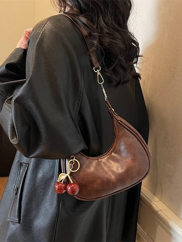 Vintage PU Leather Half-Moon Underarm Bag For Women Fashion Crossbody Shoulder Bag With Cherry Pendant Solid Color Dumpling Bag