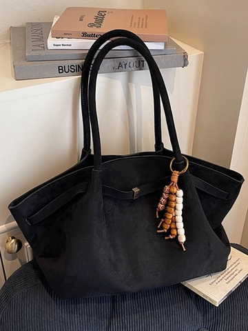 Dames Vintage Suède Tote Bag Grote Capaciteit Schoudertas Met Boheemse Kralen Hanger Magnetische Gesp Casual Woon-werkverkeer Tas
