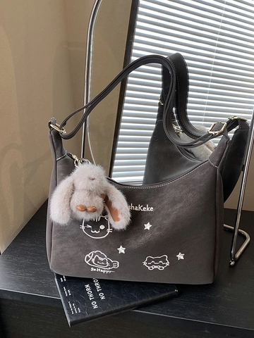 Bolso Hobo de Cuero PU para Mujer de Gran Capacidad Bordado de Gato de Dibujos Animados Bolso de Hombro Con Colgante de Peluche