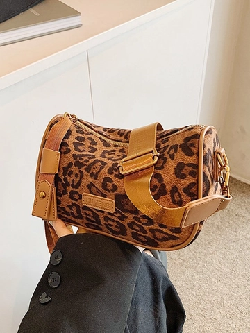 Borsa a Cuscino in Pelle PU Retro da Donna Borsa a Tracolla Vintage Con Tracolla Larga in Tessuto Geometrico Leopardata