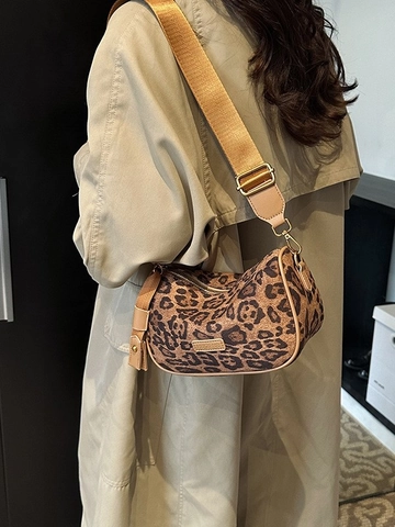 Borsa a Cuscino in Pelle PU Retro da Donna Borsa a Tracolla Vintage Con Tracolla Larga in Tessuto Geometrico Leopardata