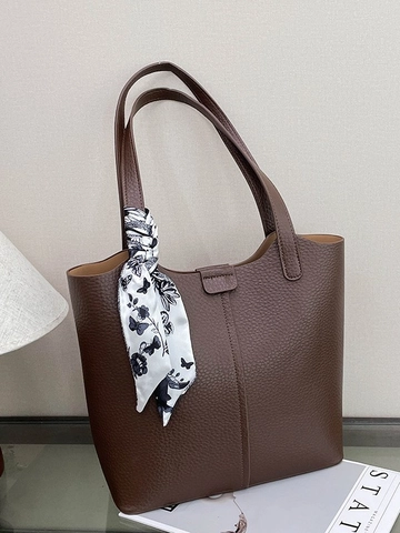Borsa Tote da Donna in Pelle PU con Grana di Litchi Grande Capacità Borsa a Secchiello con Sciarpa di Seta Stampata