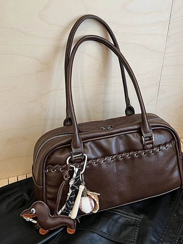 Bolso de Hombro de Cuero PU Vintage con Estampado de Leopardo para Mujer Gran Capacidad Bolso Boston Con Amuletos de Perro Béisbol