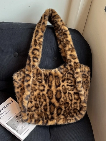 Borsa Tote da Donna in Pelliccia Sintetica Leopardata Grande Capacità Borsa a Tracolla Invernale Morbida Peluche