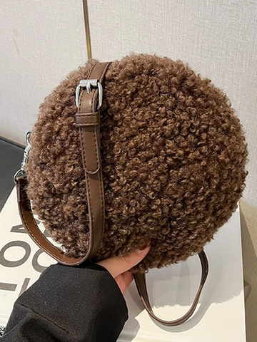 Women's Winter Faux Lambswool Circle Shoulder Bag Teddy Plush Small Round Crossbody Purse With Adjustable Strap