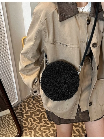 Women's Winter Faux Lambswool Circle Shoulder Bag Teddy Plush Small Round Crossbody Purse With Adjustable Strap