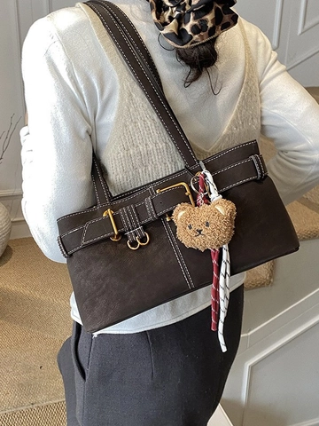 Vintage PU Leather Underarm Bag For Women Contrast Stitching Shoulder Bag With Detachable Plush Bear Pendant Tote Bag