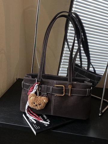 Vintage PU Leather Underarm Bag For Women Contrast Stitching Shoulder Bag With Detachable Plush Bear Pendant Tote Bag