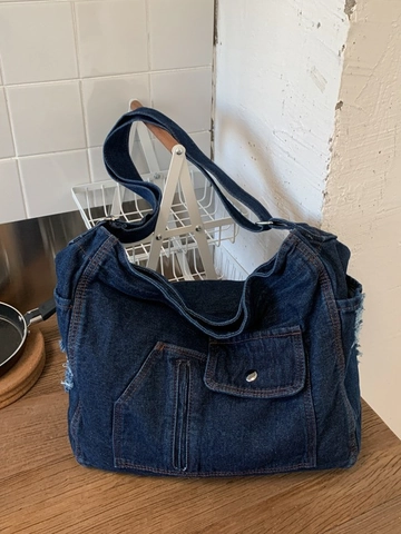 Grand Sac à Main en Denim Lavé Rétro pour Femmes Grande Capacité Multi-Poches Distressed Hobo Sac à Bandoulière Sac de Travail Décontracté