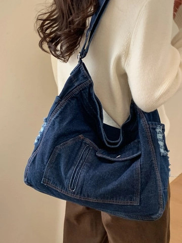 Grand Sac à Main en Denim Lavé Rétro pour Femmes Grande Capacité Multi-Poches Distressed Hobo Sac à Bandoulière Sac de Travail Décontracté