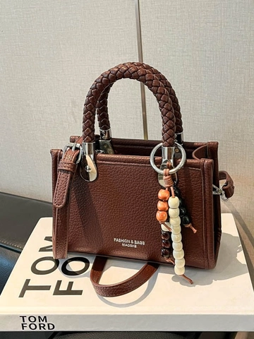 Vintage Litchi Pattern PU Leather Crossbody Bag For Women Woven Handle Handbag Small Square Shoulder Bag Beaded Charm