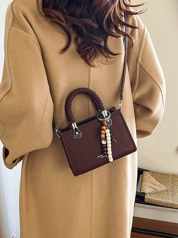 Vintage Litchi Pattern PU Leather Crossbody Bag For Women Woven Handle Handbag Small Square Shoulder Bag Beaded Charm
