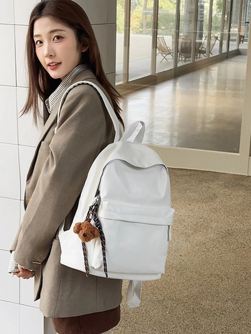 Zaino da Donna in Pelle PU Minimalista di Grande Capacità Borsa da Scuola alla Moda Zainetto Casual con Simpatico Ciondolo Orso
