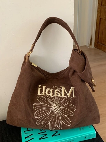 Borsa Tote da Donna Vintage in Camoscio di Grande Capacità Ricamo a Margherita Borsa a Spalla Hobo Khaki Caffè Casual Versatile