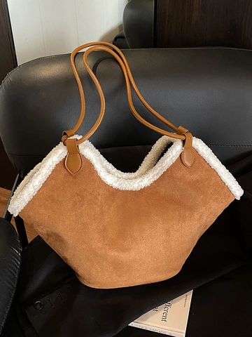 Borsa Tote in Camoscio da Donna Grande Capacità Retro Autunno Inverno Borsa a Spalla Con Giunzione in Lana di Agnello Set Borsa Sottobraccio