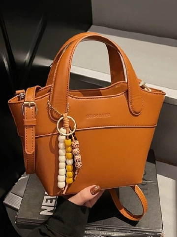 Damen Vintage PU Leder Eimertasche Nische Design Handtasche Mit Perlenanhänger Verstellbare Umhängetasche Messenger Bag Daily Purse