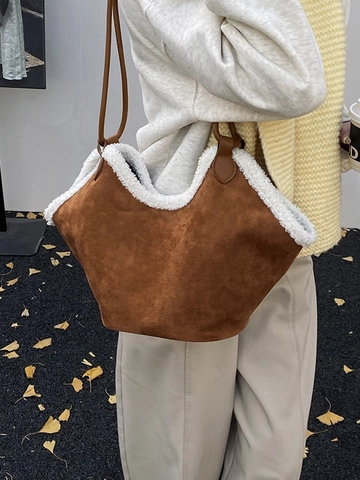 Borsa Tote in Camoscio da Donna Grande Capacità Retro Autunno Inverno Borsa a Spalla Con Giunzione in Lana di Agnello Set Borsa Sottobraccio