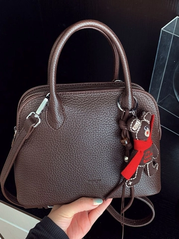 Korean Style Women PU Leather Litchi Grain Crossbody Bag Casual Vintage Shell Shape Handbag With Bear Pendant For Daily Use