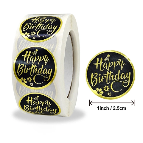 Etichette Adesive Tonde Happy Birthday in Lamina d'Oro Nere Per Scatole Regalo Sacchetti Buste Decorazione