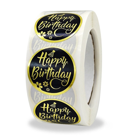 Etichette Adesive Tonde Happy Birthday in Lamina d'Oro Nere Per Scatole Regalo Sacchetti Buste Decorazione