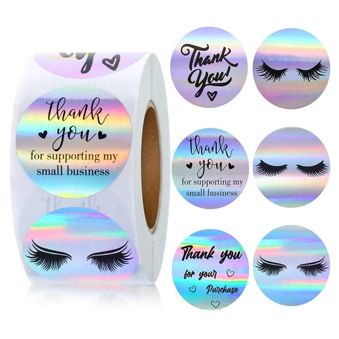 Holografische Thank You Aufkleber Regenbogen Laser Wimperndesign Runde Klebeetiketten Für Kleine Unternehmen Geschenkverpackung