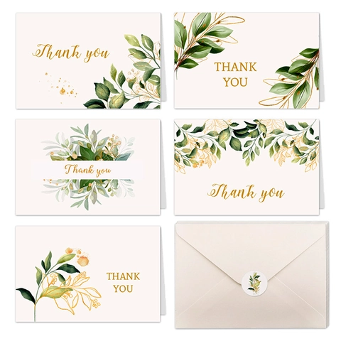 Aquarell Blumen Dankeskarten Mit Umschlägen Und Aufklebern Botanische Grün Gold Blatt Grußkarten Für Hochzeit Geschäft Geschenk