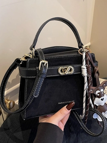 Women Vintage Suede Leather Splicing Crossbody Bag Contrast Stitching Small Square Handbag With Dog Charm Lock Shoulder Bag