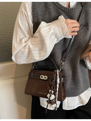 Women Vintage Suede Leather Splicing Crossbody Bag Contrast Stitching Small Square Handbag With Dog Charm Lock Shoulder Bag