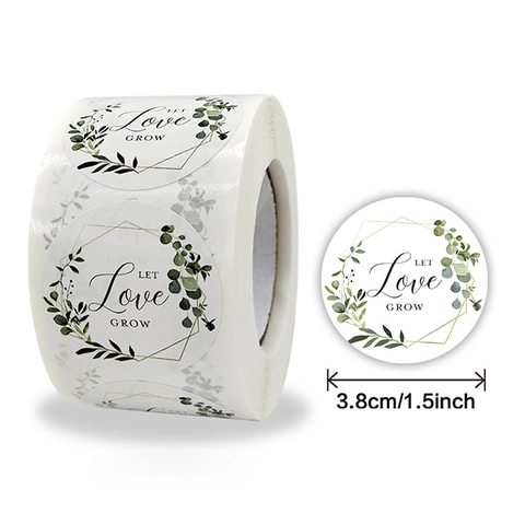 Round Let Love Grow Stickers Green Leaves Wreath Seal Labels For Wedding Party Gift Packaging Decoration