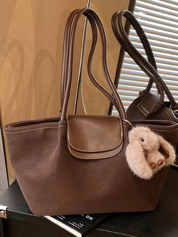 Retro PU Leather Large Capacity Tote Bag For Women Contrast Stitching Minimalist Shoulder Bag With Cute Plush Rabbit Pendant