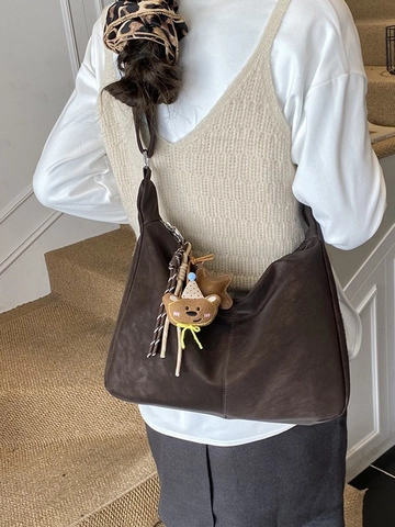 Borsa Tote Vintage da Donna in Pelle PU Opaca Grande Capacità Borsa a Tracolla Hobo Con Ciondolo a Orso Stella Per Pendolarismo