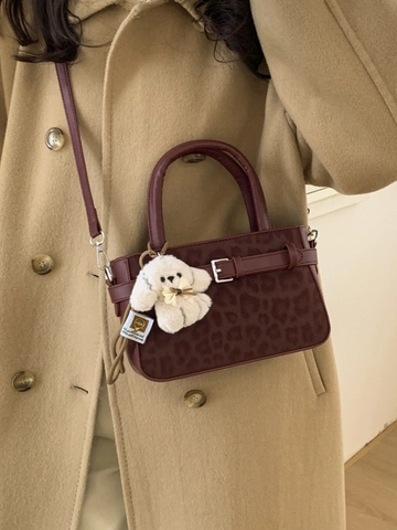 Damen Vintage Leopardenmuster PU Leder Umhängetasche Kleine Quadratische Handtasche Mit Plüsch Hund Anhänger Mode Tasche