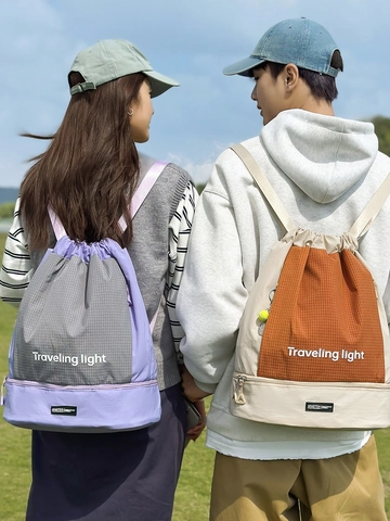 Mochila con Cordón de Gran Capacidad en Bloques de Color para Mujer Nailon Impermeable Deporte Casual Bolso de Hombro Con Compartimento para Zapatos Traveling Light